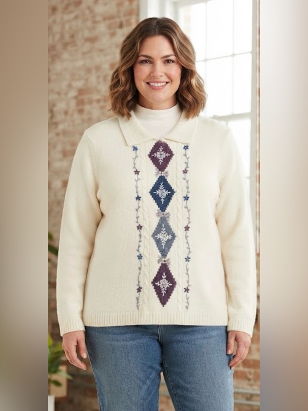 Alfred Dunner Cream Pullover Polo sweater with Diamond Embroidery Cottagecore